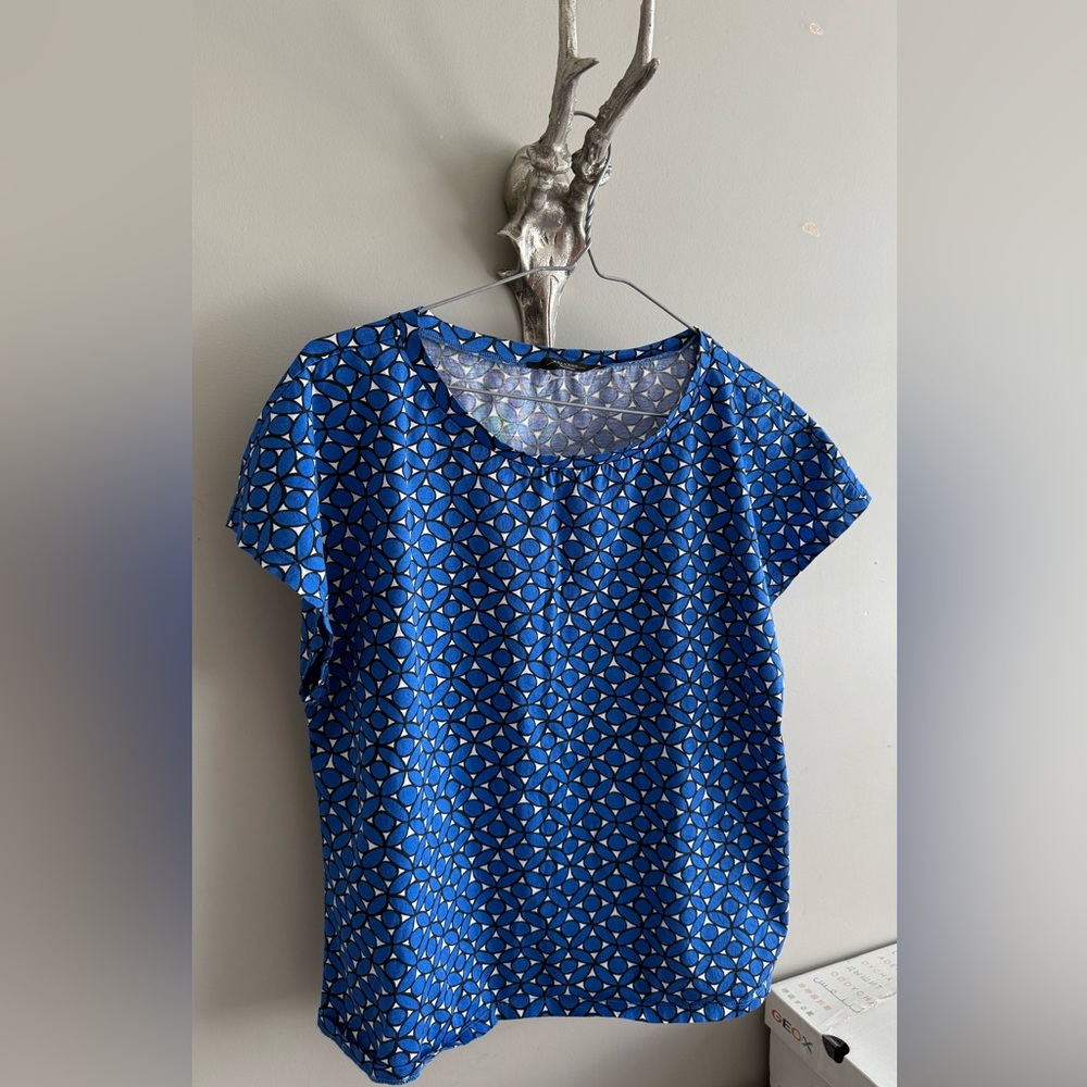 WEEKEND  Max Mara Womens Blue Stretch Printed Short Sleeve Round Neck Top size M